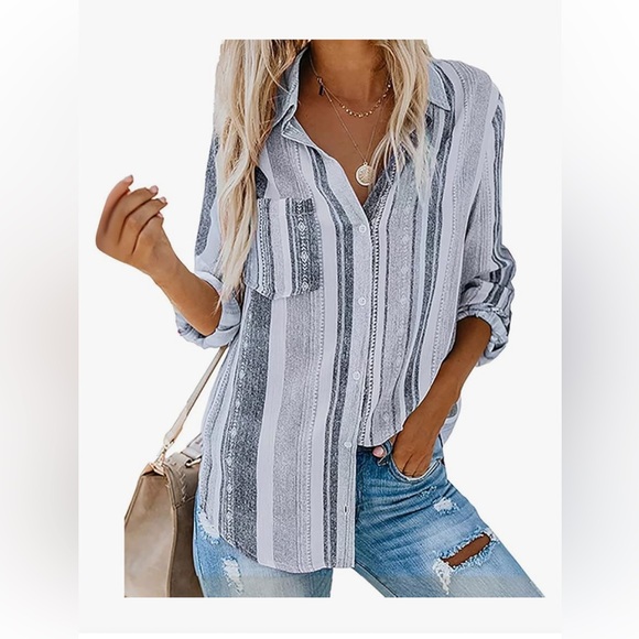 Astylish Women’s XXL V Neck Striped Roll up Sleeve Button Down Blouse Top
IN0166 - Picture 4 of 11